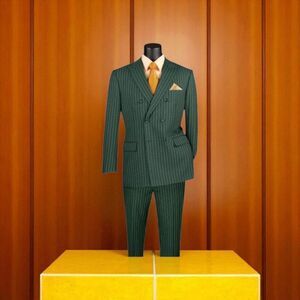 VINCI MENS 2 PIECE DOUBLE BREASTED PINSTRIPE SUIT W/ ADJUSTABLE WAISTBAND F-DSS